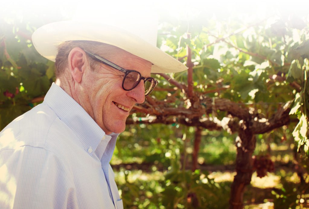 Older man wearing hat standing next to grape vines
